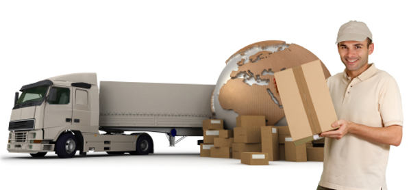 A messenger with a world map, packages and a truck as background